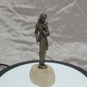 Pewter Madonna And Child Figurine On Hand Carved Stone Base